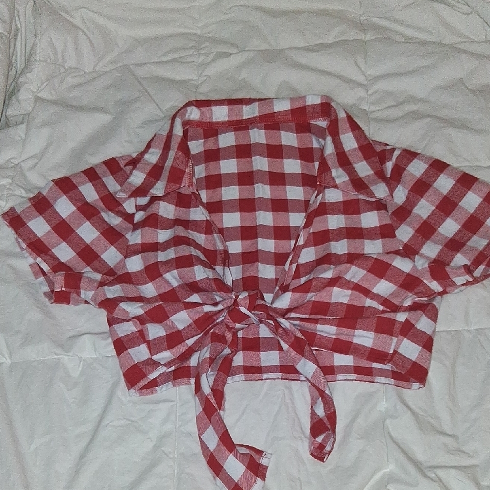 Red and White Checkered Tie-Front Top